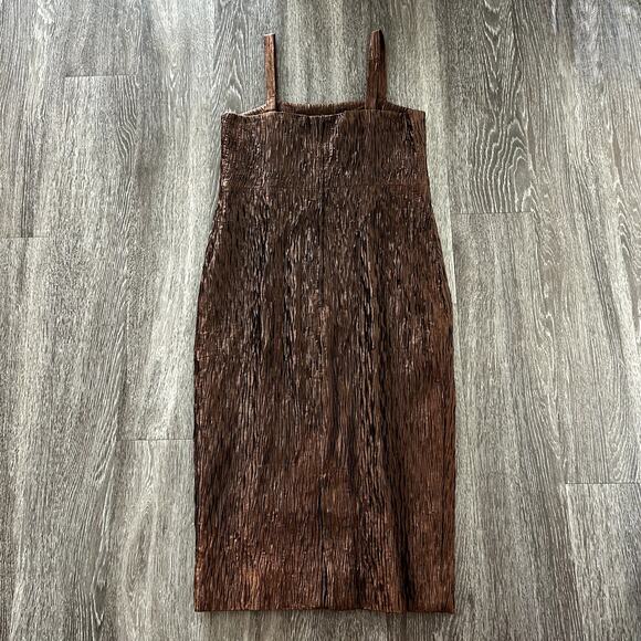 Vintage Fendi 365 Italy Brown Plisse Ruched Midi Dress 44 Textured Strap Dress - Picture 3 of 16